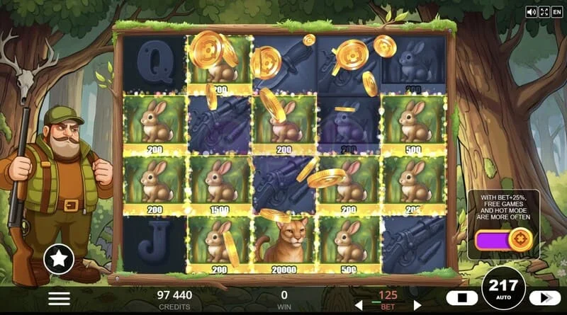 Hunt the Bucks - speciální symboly Hunter-Wild, Scatter a Animal Credit na mřížce
